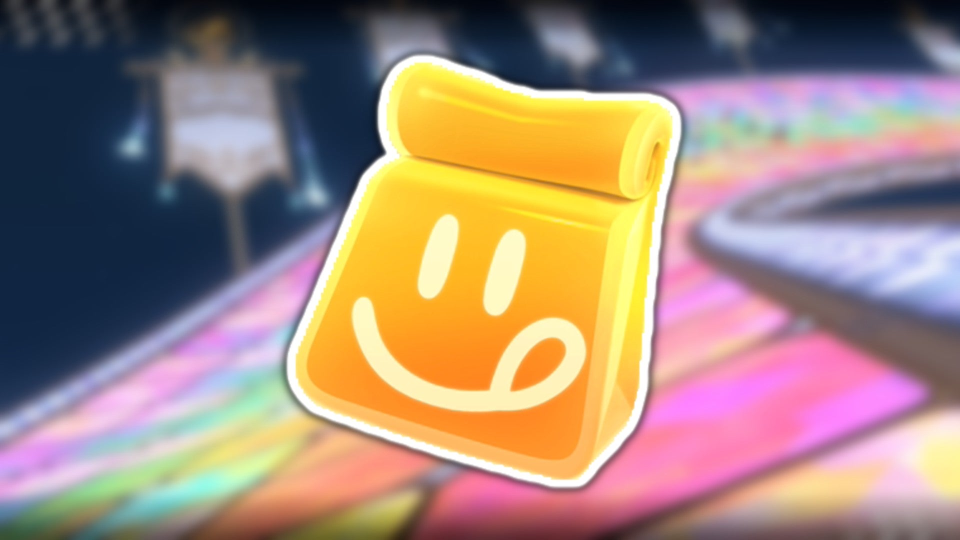 A Dash Food bag can be seen laid over the top of an image of Rainbow Road in Mario Kart World - 1