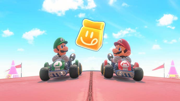 Mario and Luigi can be seen looking at one another in Mario Kart World. A Dash Food bag is inbetween them both