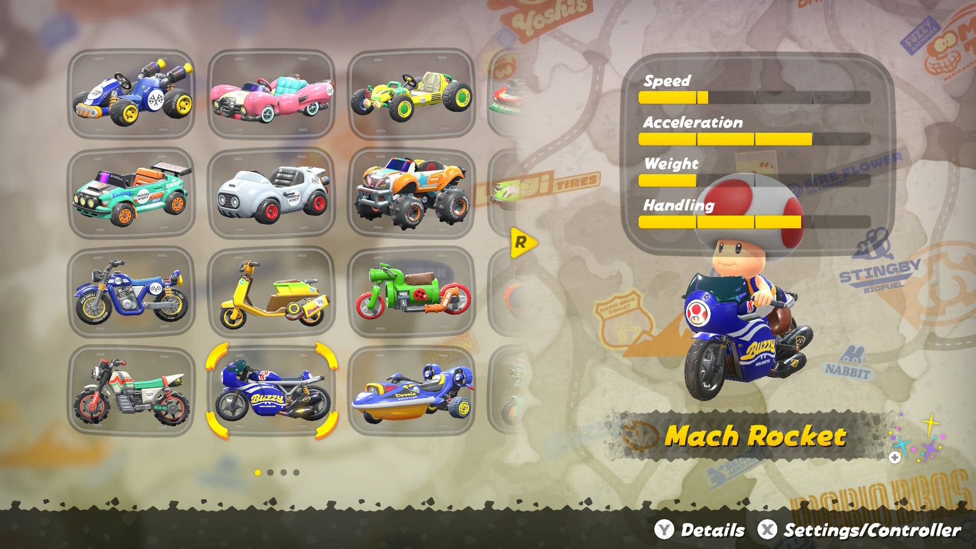 Toad in the Mach Rocket kart with stats displayed in Mario Kart World