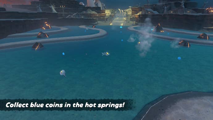 A P Switch mission that involves collecting multiple blue coins within a time limit is shown in Mario Kart World