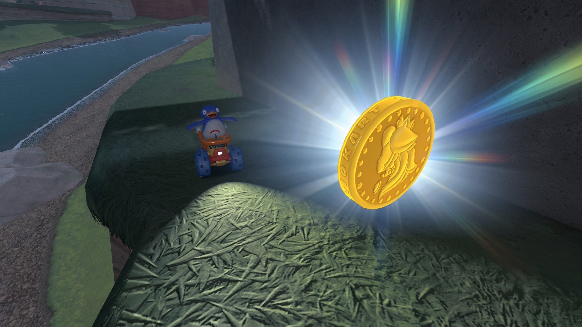 The Penguin, who is riding the Lil Dumpy, poses beside a Peach Medallion beneath a bridge in Mario Kart World - 1