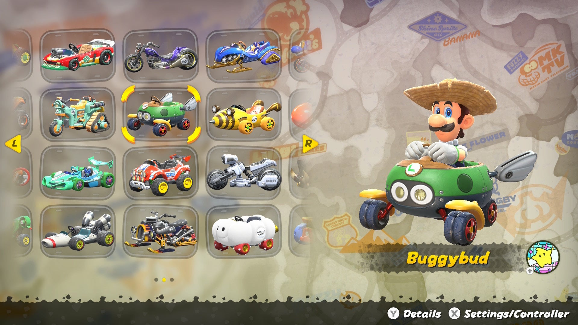 Farmer Luigi is seen in the Buggybud on the vehicle selection page in Mario Kart World - 3