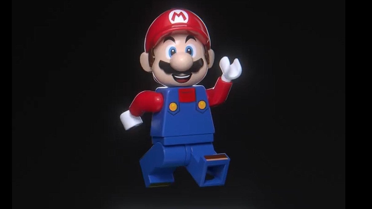 Mario Lego minifigure jumping against a black background