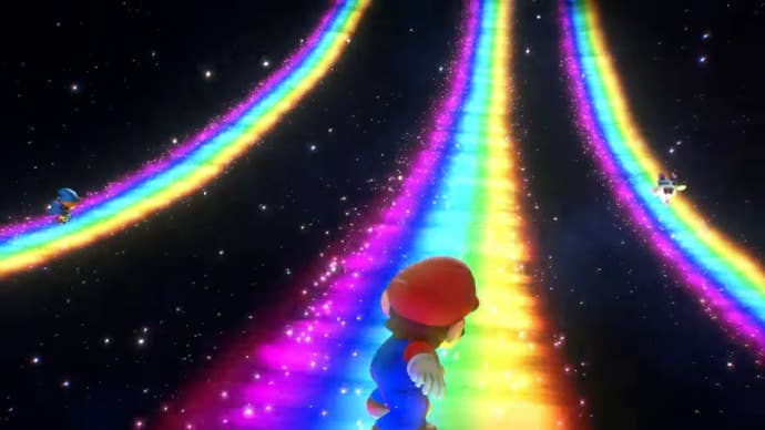 Mario and his buddies skate up separate rainbows in this Triple Move attack from Super Mario RPG.