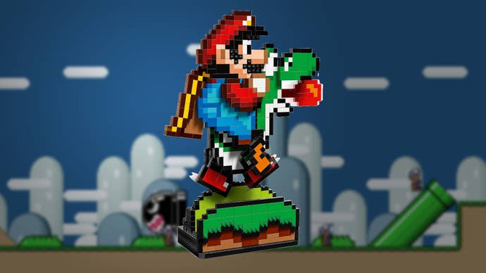 Mario & Yoshi 71438 Lego set over the top of a slightly blurred Level 1-1 from Mario + Yoshi’s Island.