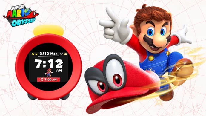 Mario and Cappy from Super Mario Odyssey next to Nintendo's Alarmo alarm clock