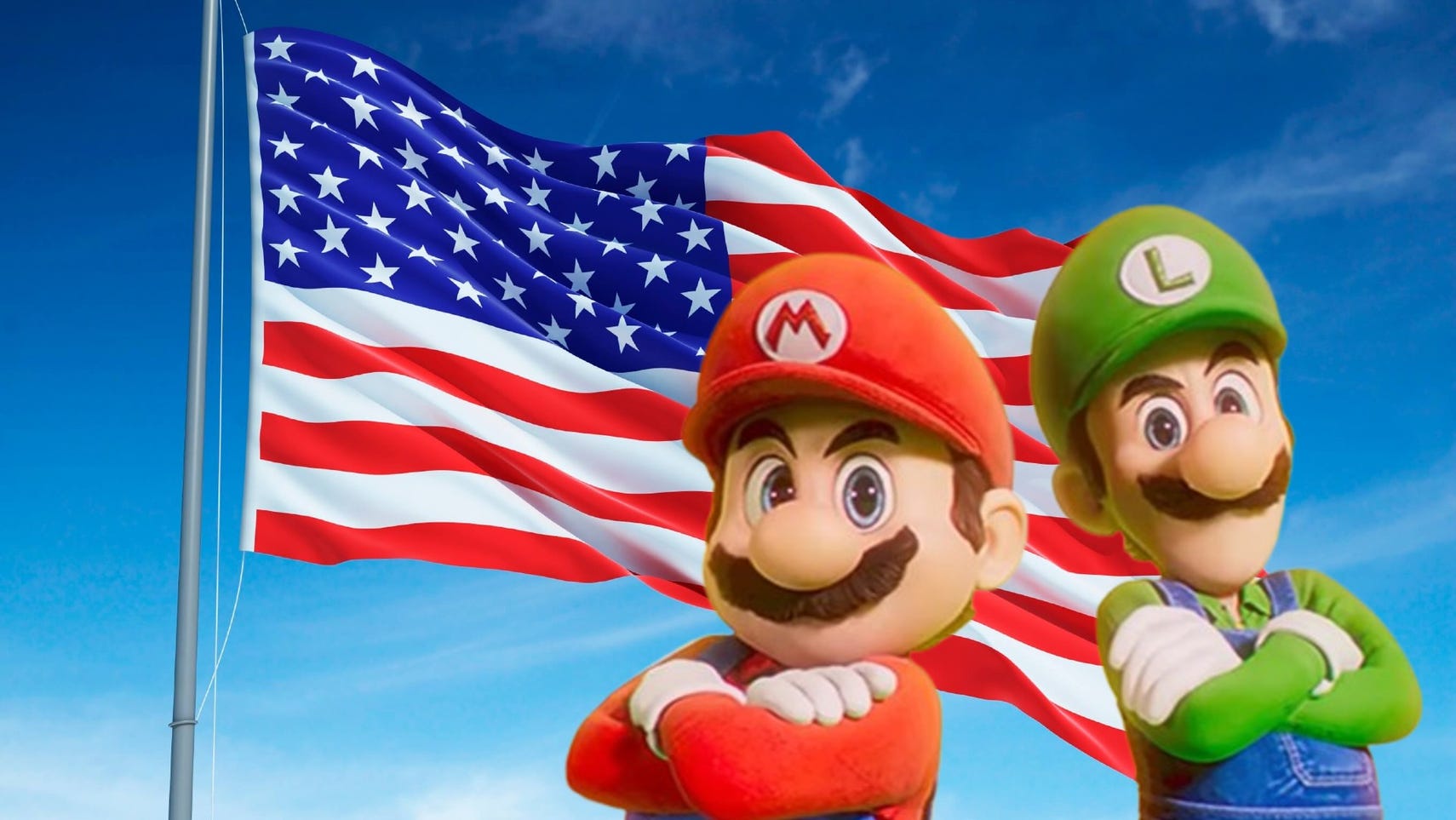 Mario and Luigi from the Super Mario Bros Movie stand with their arms crossed in front of an American flag