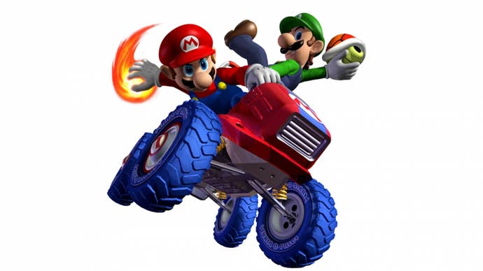 Mario and Luigi in Mario Kart Double Dash on a white background