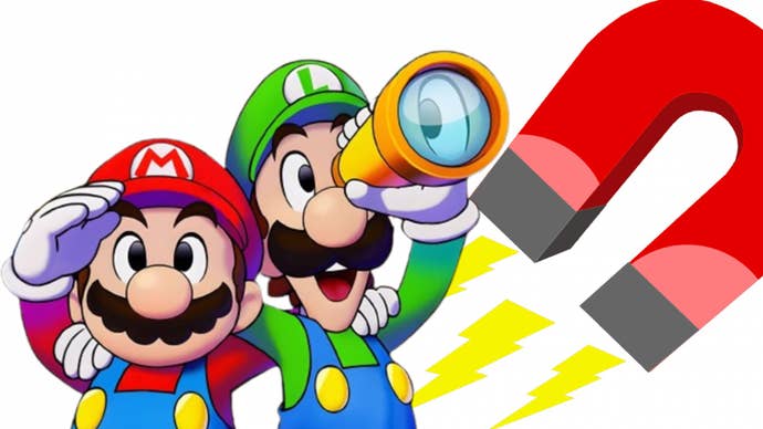 Mario and Luigi look at a large magnet