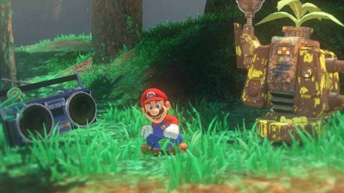 Mario dancing in a wooded area in Mario Odyssey