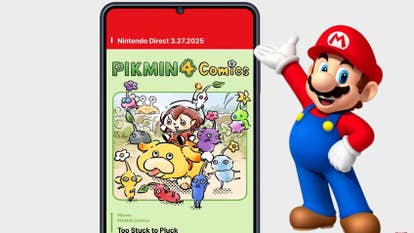 Mario gesturing at a mobile using the Nintendo Today app