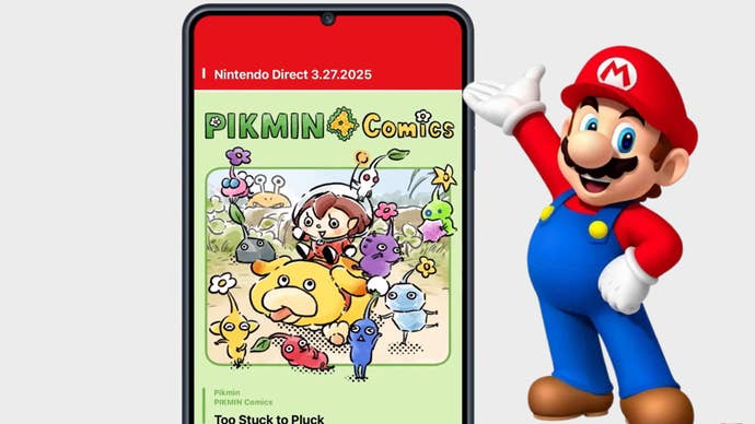 Mario gesturing at a mobile using the Nintendo Today app