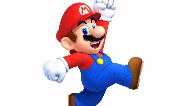Mario in blue overalls, red cap, and white gloves jumping against a plain white background