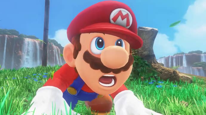 Mario looks shocked on a grassy plain in Mario Odyssey