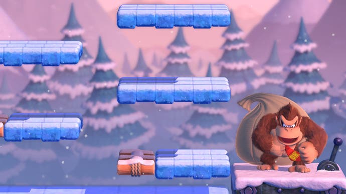 Donkey Kong site amongst frozen platforms in this boss fight