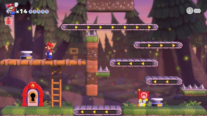 Mario traverses a level made of conveyor belts
