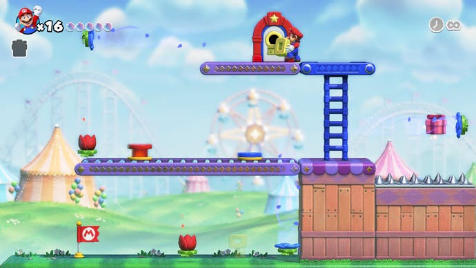 Mario puts a key in a lock to complete a level