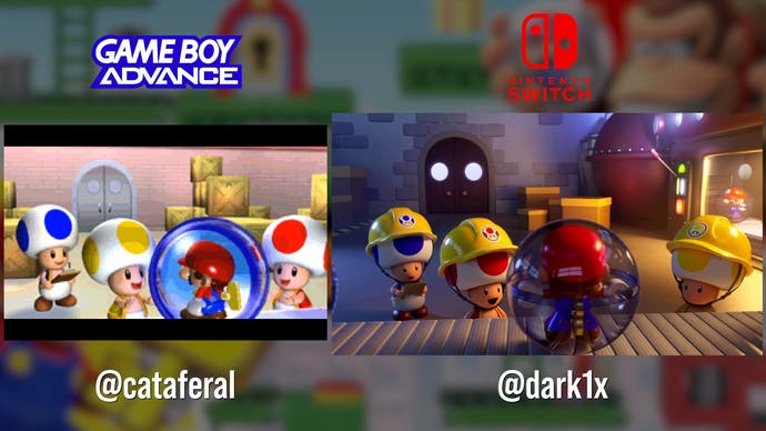 game boy advance vs switch mario vs donkey kong comparison screenshots, showing cutscenes