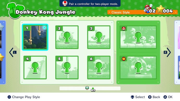 switch mario vs donkey kong comparison screenshots, showing the level select interface