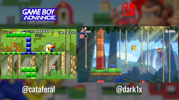 game boy advance vs switch mario vs donkey kong comparison screenshots, showing a jungle stage