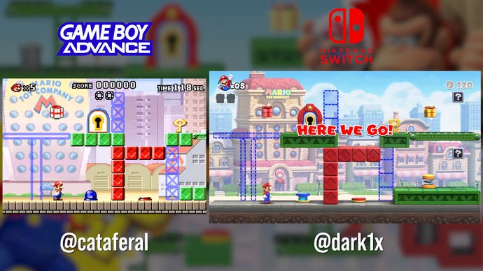 game boy advance vs switch mario vs donkey kong comparison screenshots, showing gameplay