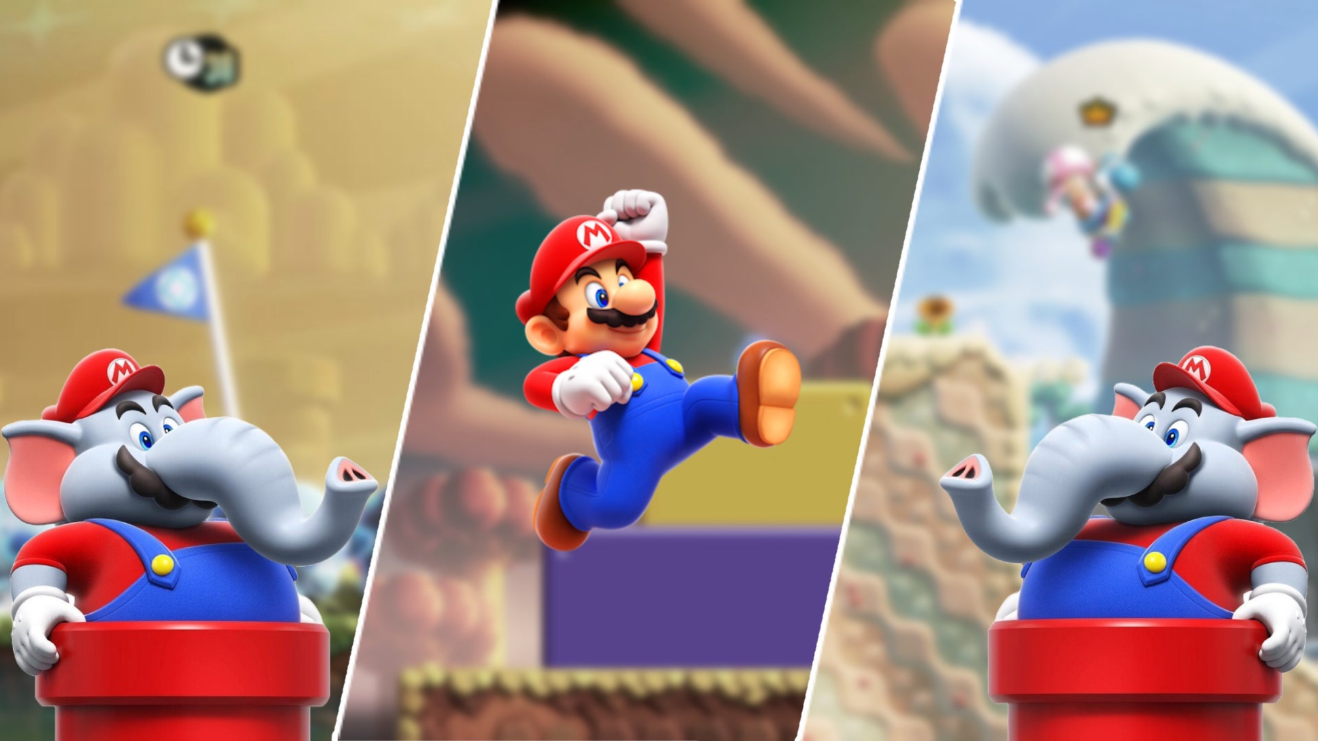 Triple-split image with the new art-style Mario in the centre, flanked by Elephant Mario - 1