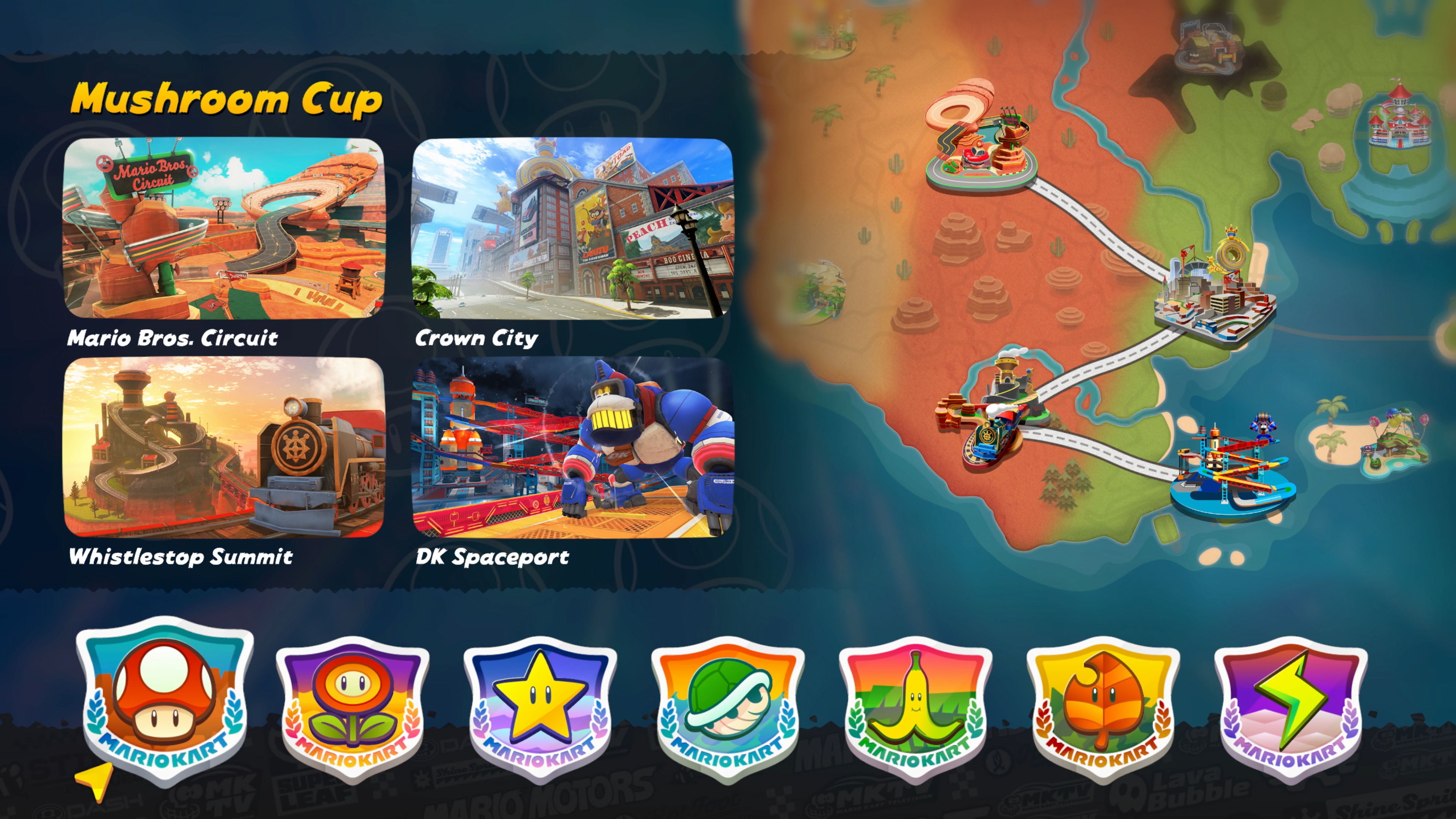Mario Kart World official screenshot showing the Mushroom Cup selection screen