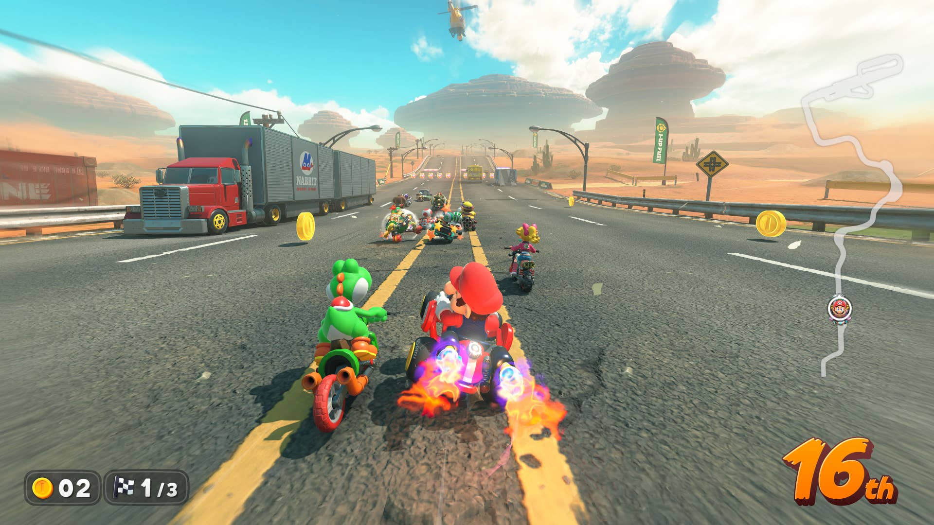 Mario Kart World official screenshot showing a race on a desert road