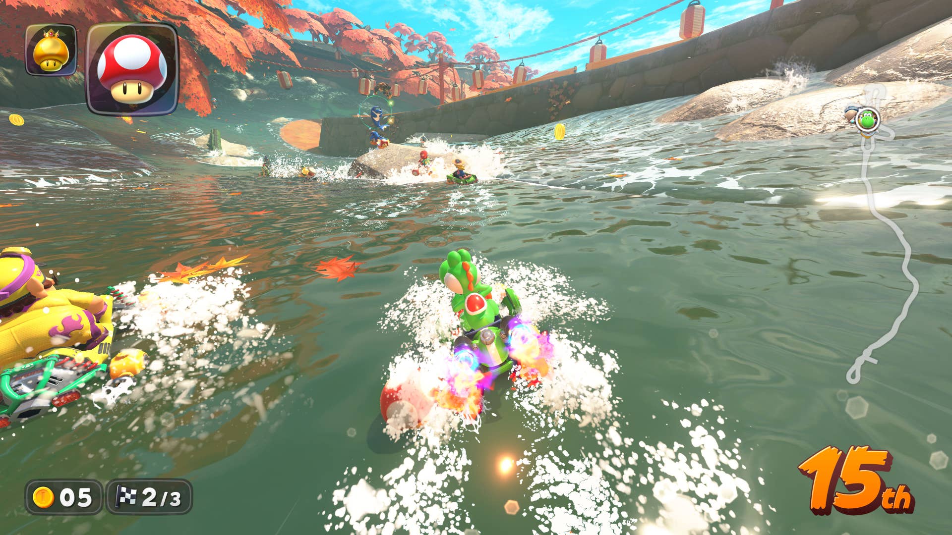 Mario Kart World official screenshot showing a race on water