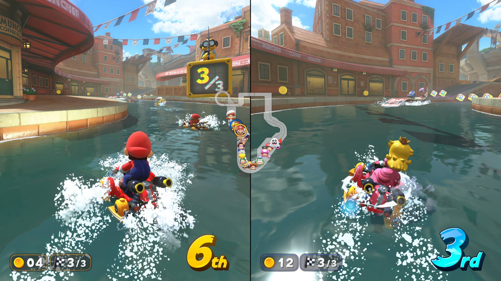 Mario Kart World official screenshot showing two-player splitscreen racing on a water track