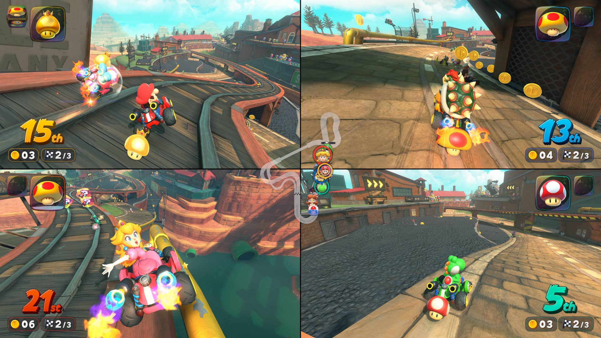 Mario Kart World official screenshot showing four player splitscreen