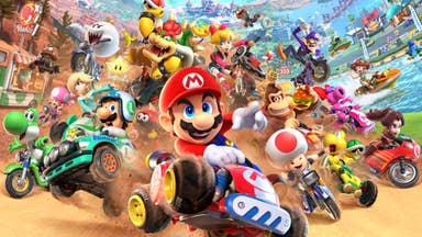 A collection of characters from Mario Kart World in their vehicles as a sort of ensemble.