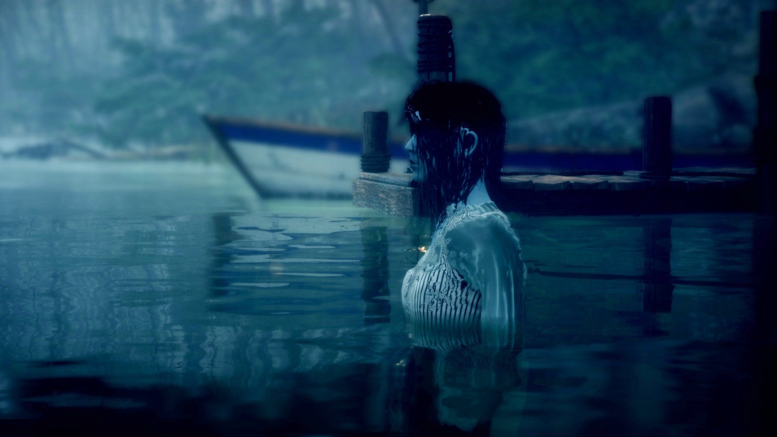 Screenshot from Martha is Dead showing a young girl walking into a lake