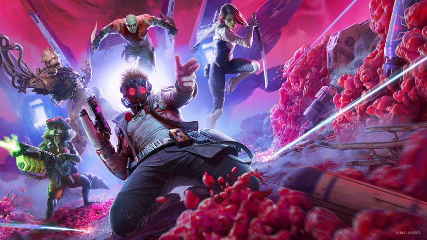 Star Lord, Gamora, Groot, Drax and Rocket Racoon pose for battle in artwork for Marvel’s Guardians Of The Galaxy