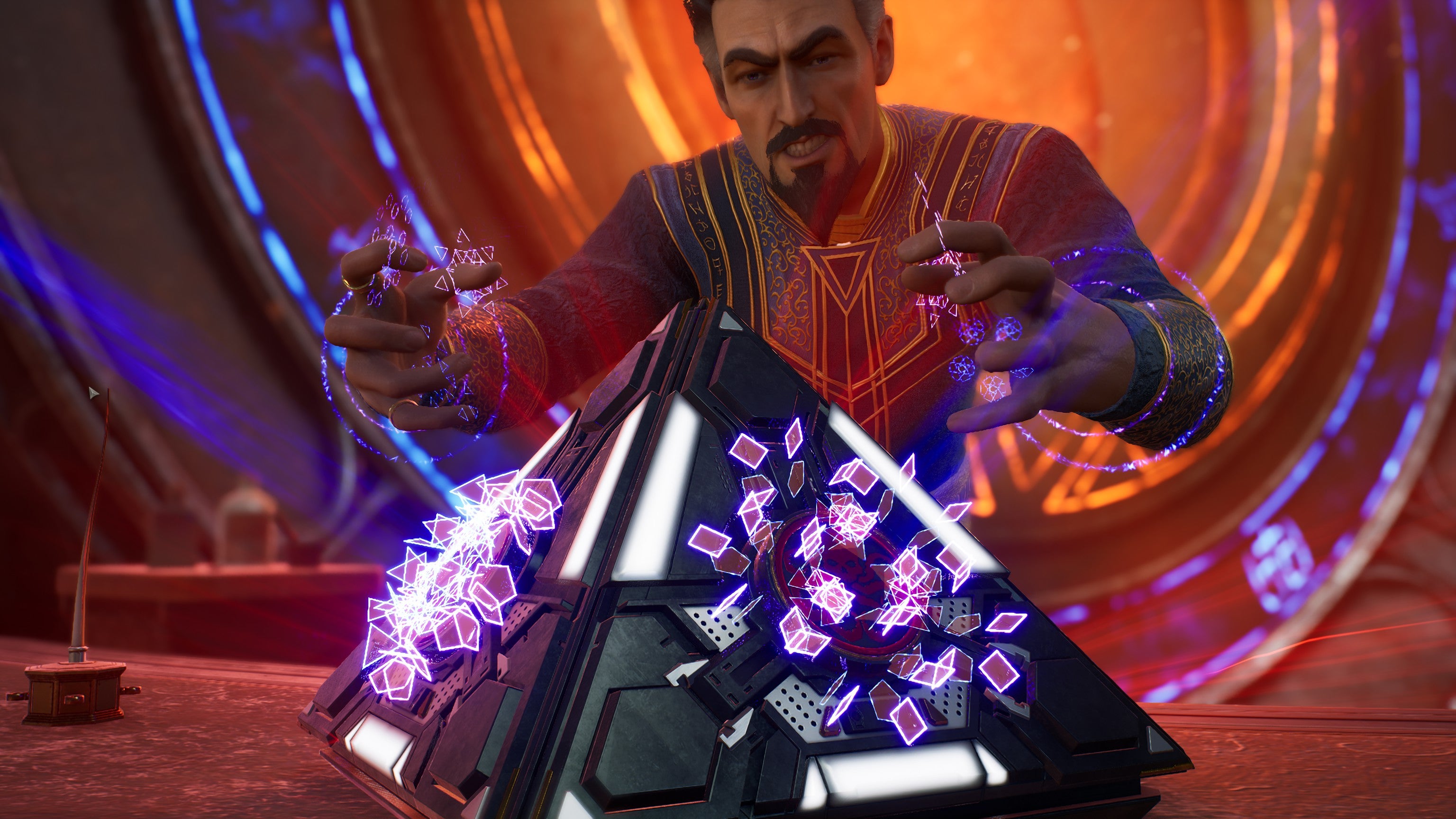 Doctor Strange grits his teeth while opening a research cache in Marvel&rsquo;s Midnight Suns