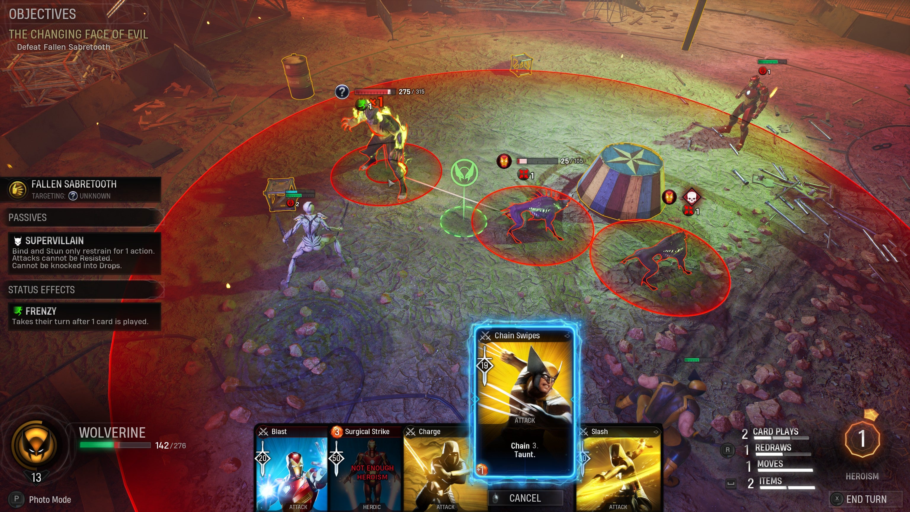 Wolverine prepares a chain attack against Fallen Sabretooth in Marvel&rsquo;s Midnight Suns