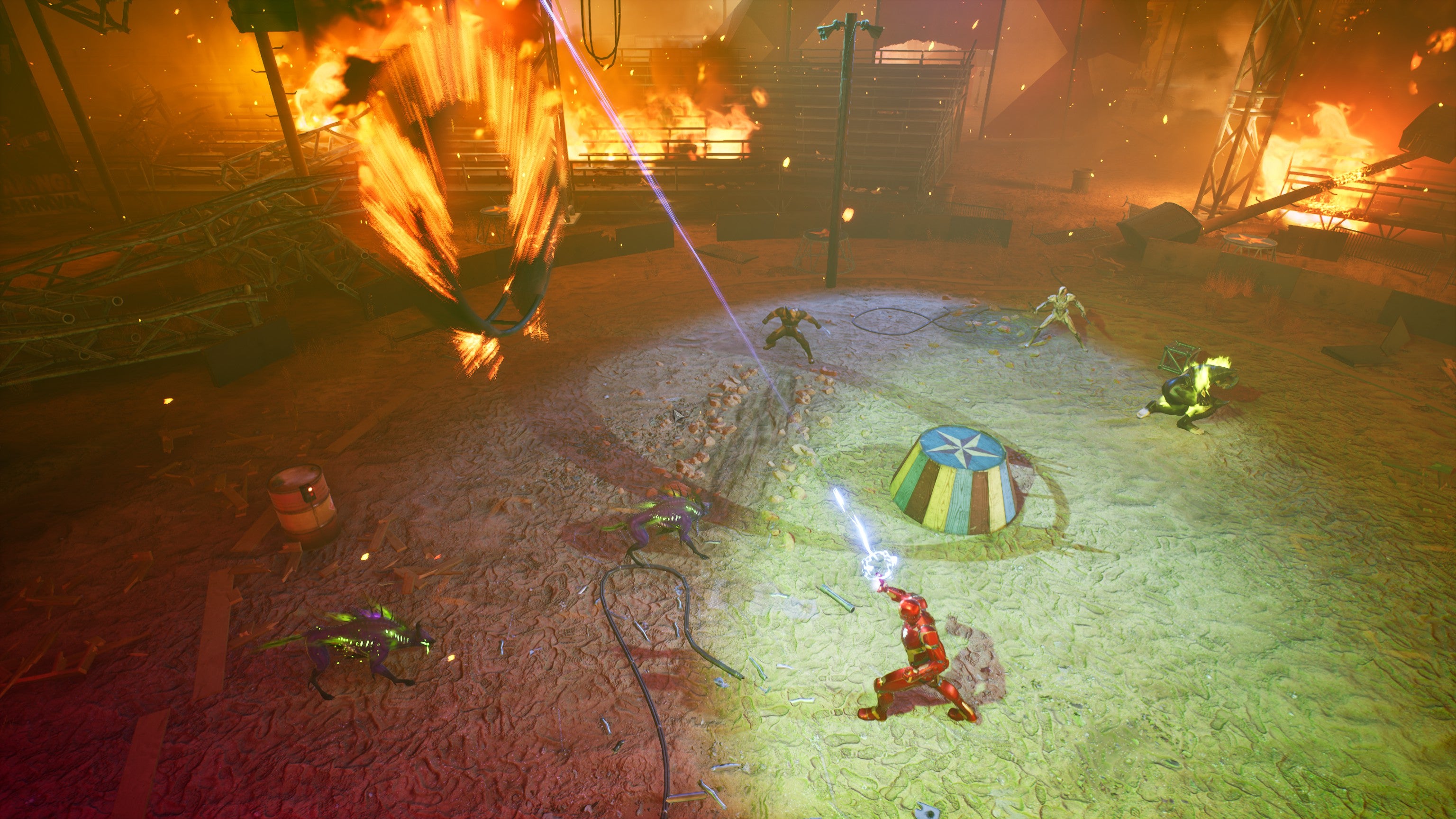 Iron Man shoots a flaming circus ring in Marvel&rsquo;s Midnight Suns