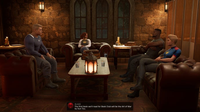 Captain America, The Hunter, Blade and Captain Marvel sit around a table for book club in Marvel’s Midnight Suns