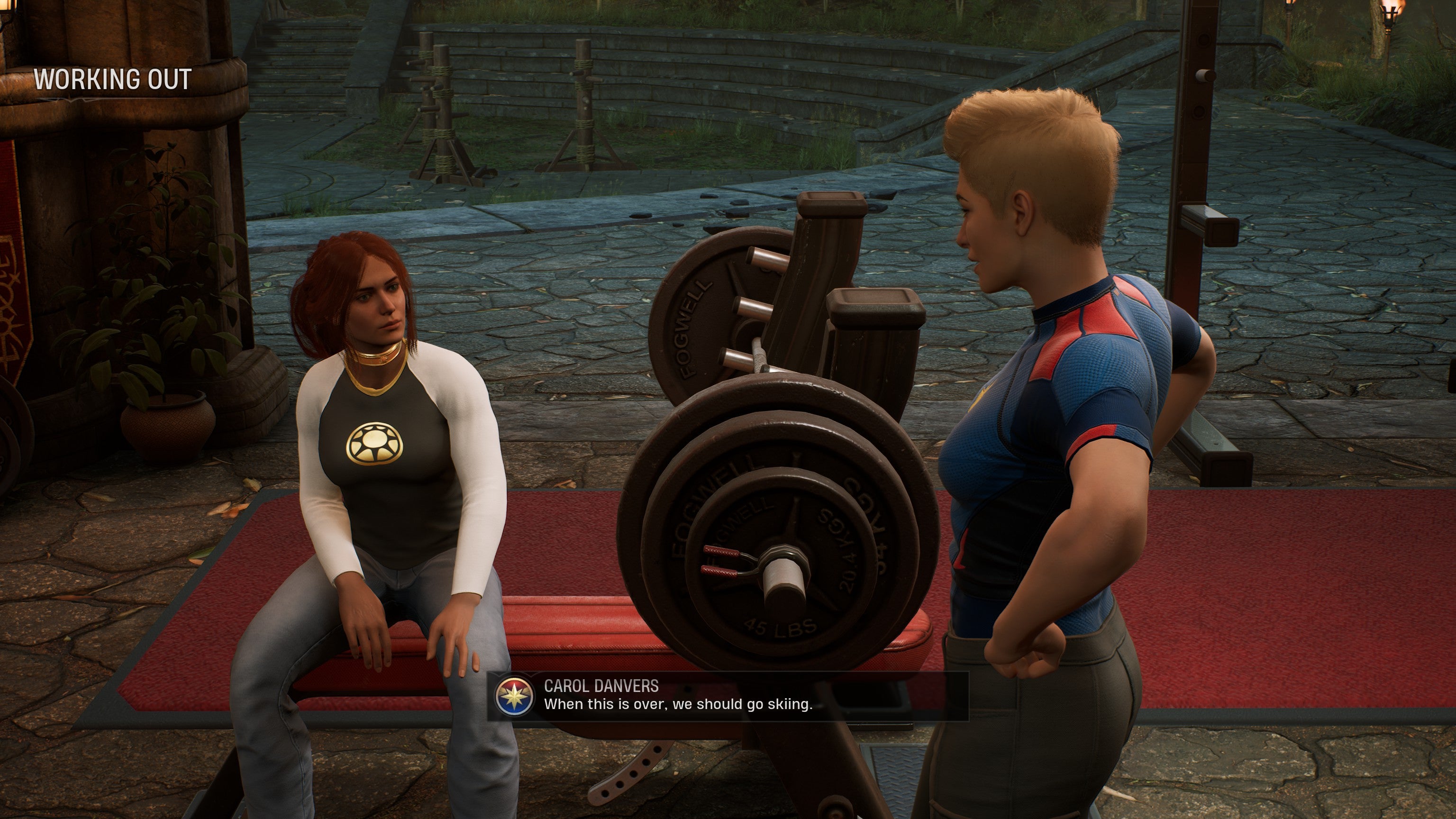 The Hunter works out with Captain Marvel in Marvel&rsquo;s Midnight Suns