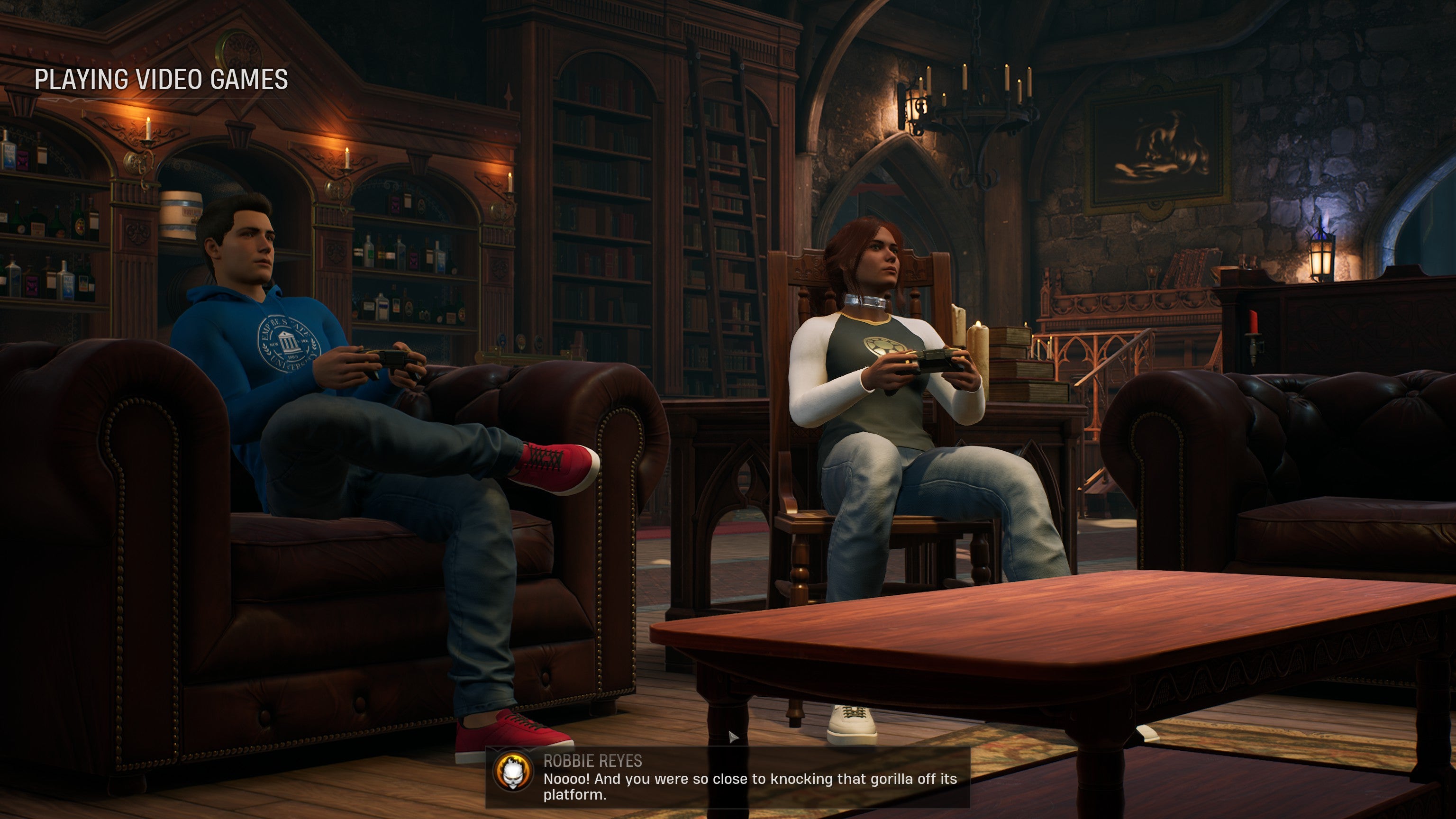 The Hunter plays a video game with Peter Parker in Marvel&rsquo;s Midnight Suns