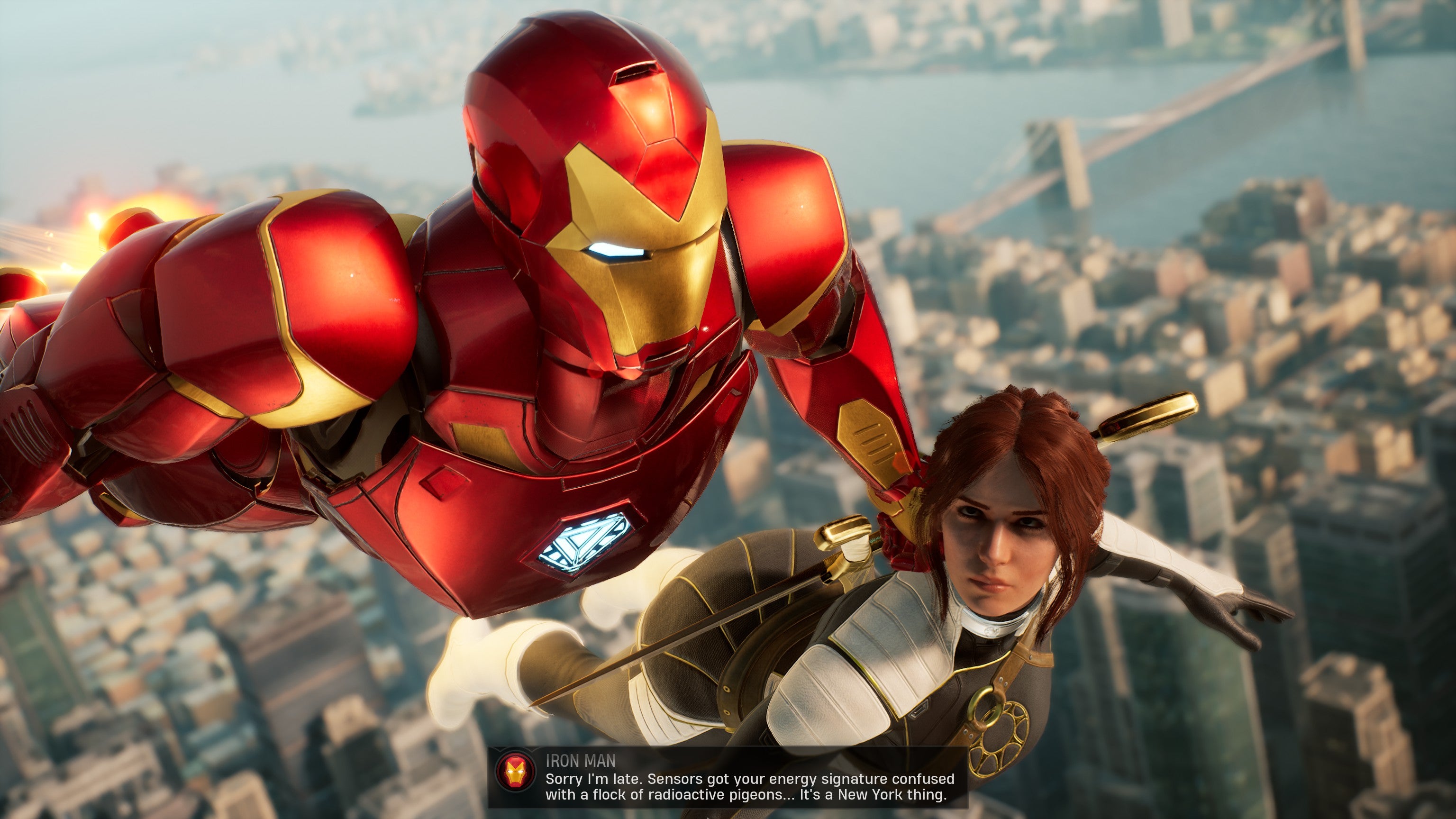 Iron Man carries the Hunter across the skies of New York in Marvel&rsquo;s Midnight Suns
