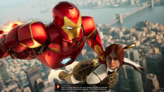 Iron Man carries the Hunter across the skies of New York in Marvel’s Midnight Suns
