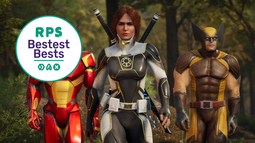 The Hunter, Iron Man and Wolverine walk toward the camera in Marvel’s Midnight Suns. The RPS Bestest Best logo is covering Iron Man’s face.