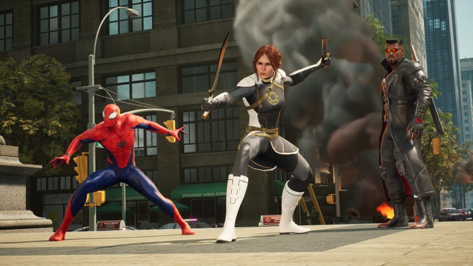 Spider-Man, The Hunter and Blade strike a pose in New York in Marvel’s Midnight Suns