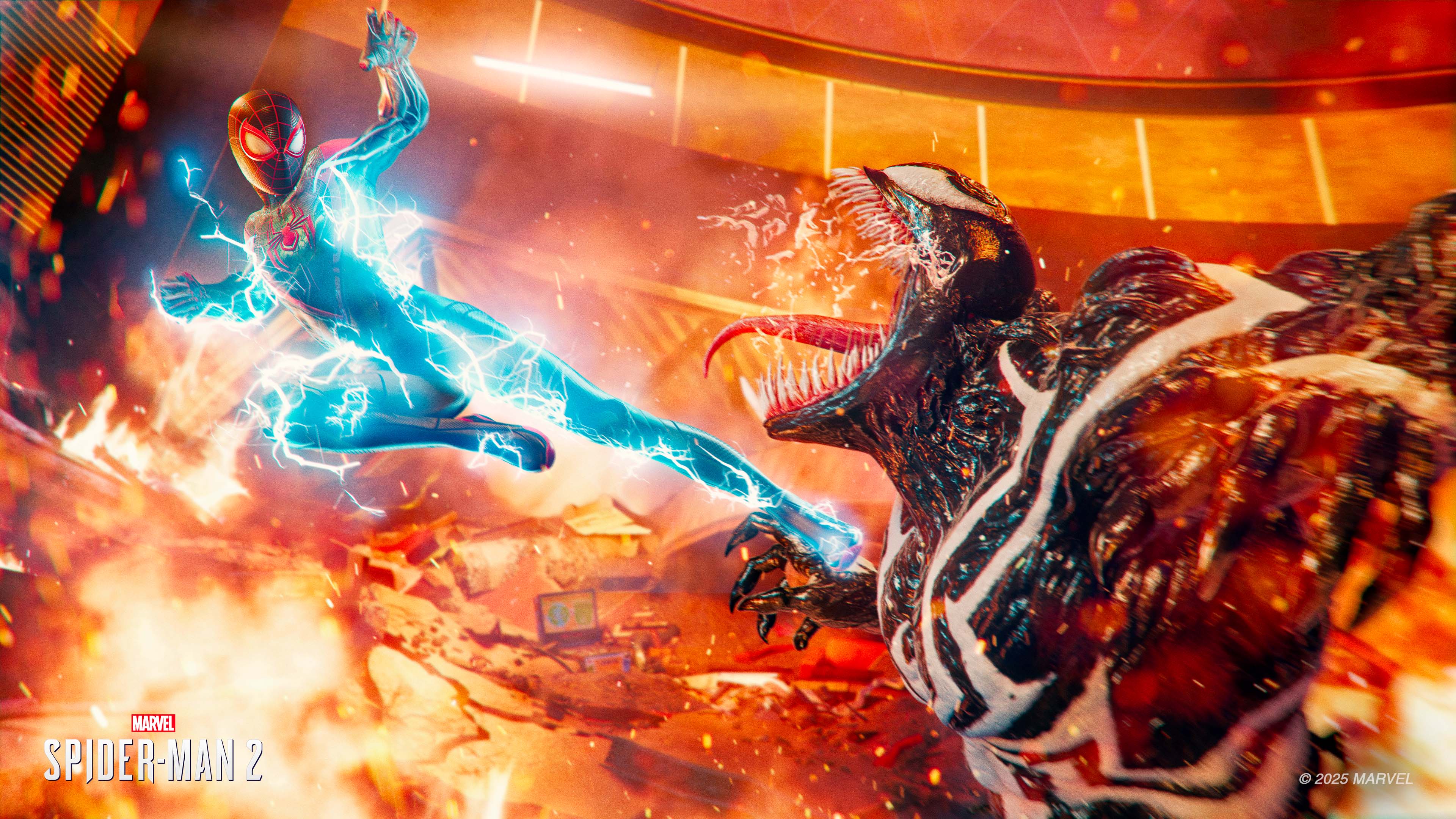 Miles Morales aims a kick at a roaring Venom in Marvel&rsquo;s Spider-Man 2.