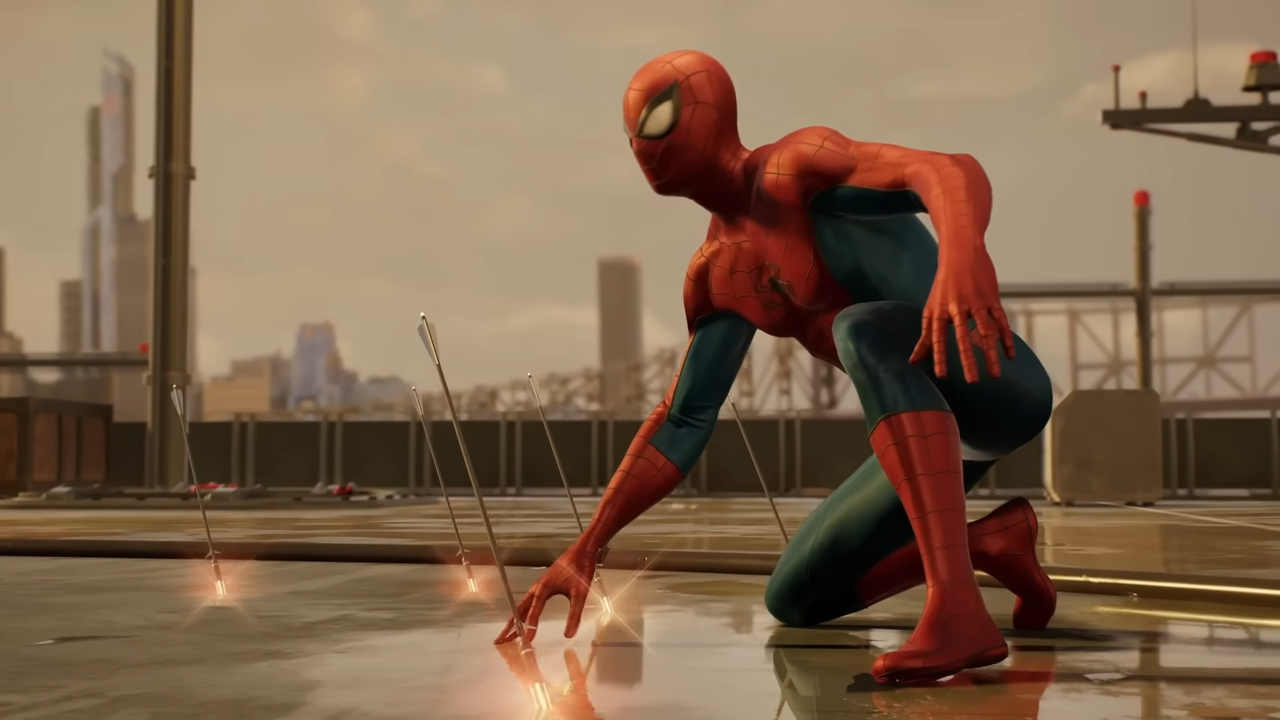 Marvel&rsquo;s Spider-Man 2 screenshot showing a suited Peter crouching as arrows are fired into the ground around him.