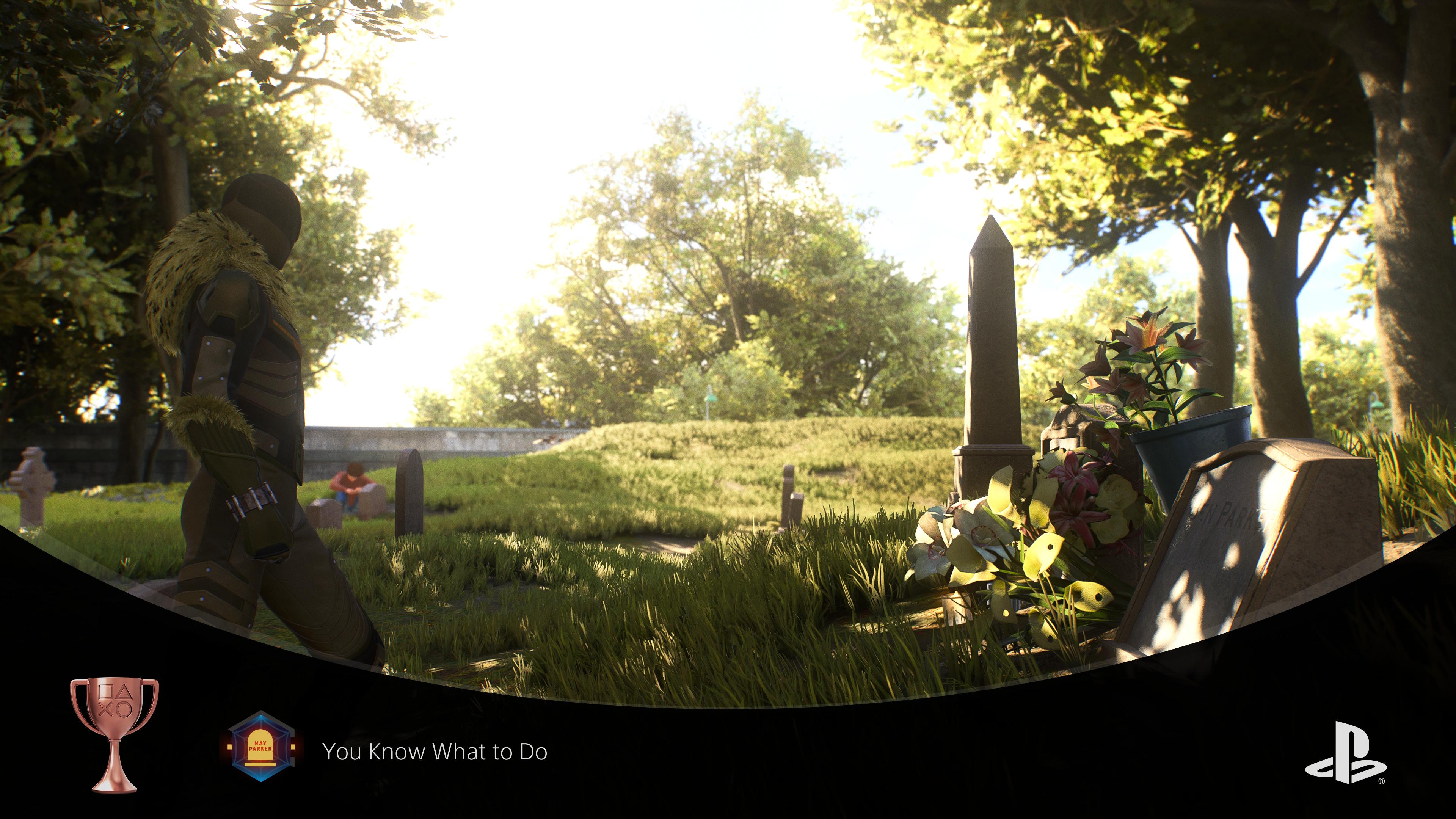 You Know What To Do trophy screen in Marvel&rsquo;s Spider-Man 2 – Pete visits his aunt&rsquo;s grave.