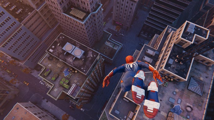 Spider-Man freefalls towards street level in Marvel’s Spider-Man Remastered.