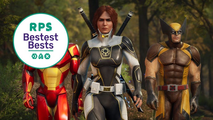 The Hunter, Iron Man and Wolverine walk toward the camera in Marvel's Midnight Suns. The RPS Bestest Best logo is covering Iron Man's face.
