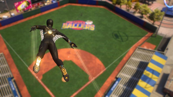 Peter flying into the baseball stadium in Spider-Man 2, wearing a black version of his Scarlet Spider suit.